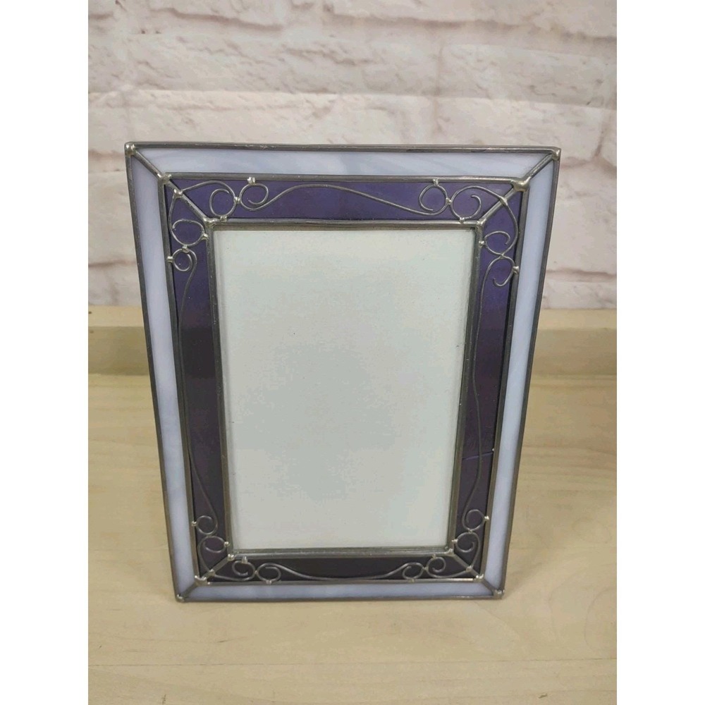 VTG Leaded Stained Glass Picture Frame For 4x6 Photo Purple Art Deco Swirls *SEE